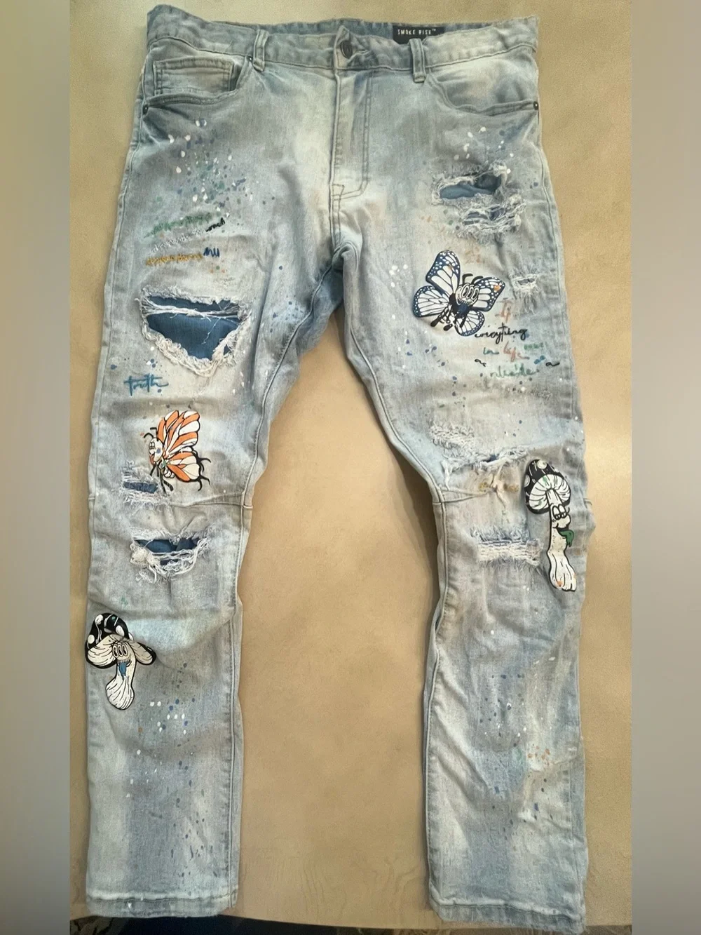 Smoke Rise “Peace & Harmony” Embroidered Distressed Jeans 38x32